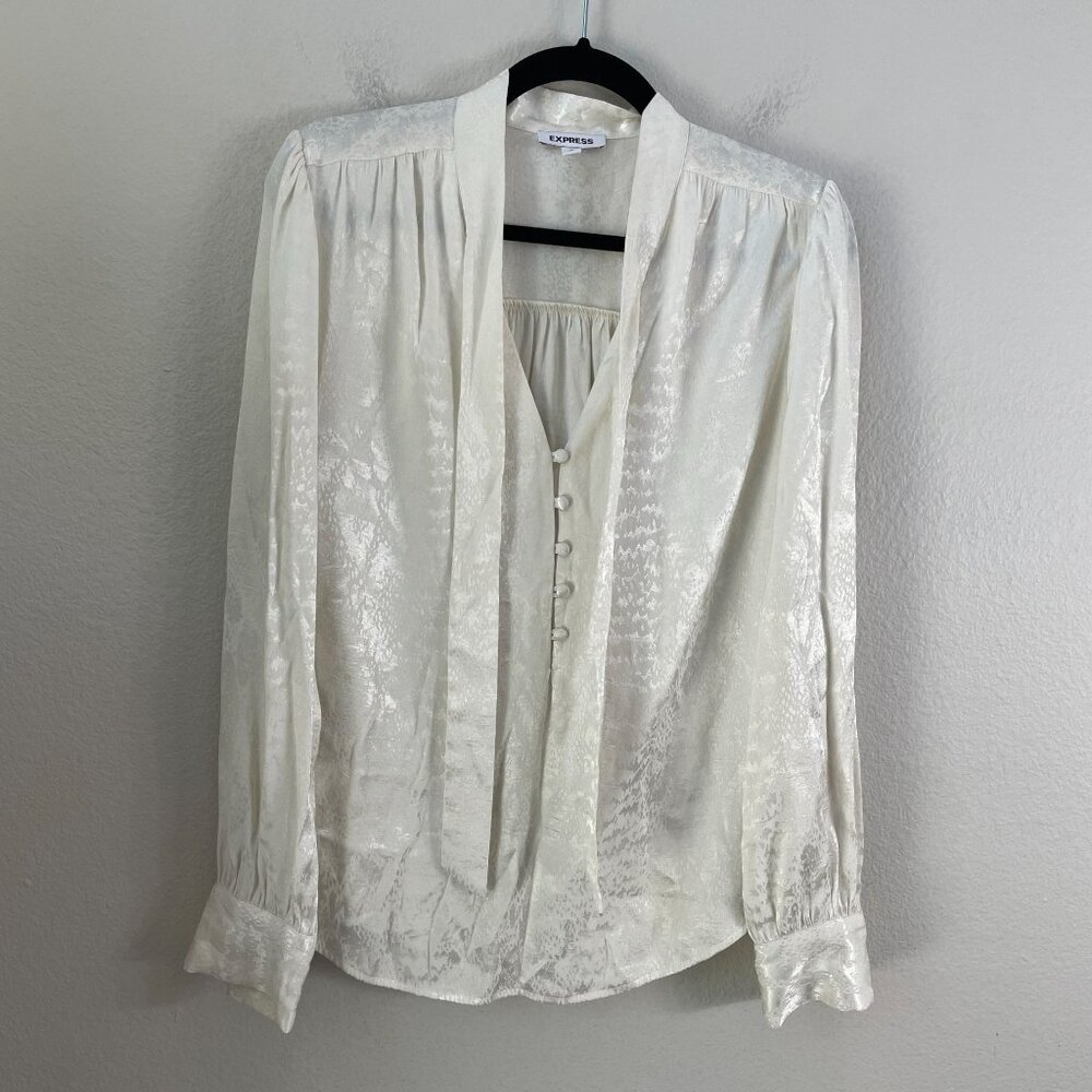 Express Womens Medium Ivory‎ Tie Neck Blouse Long Sleeve Button Front Shirt